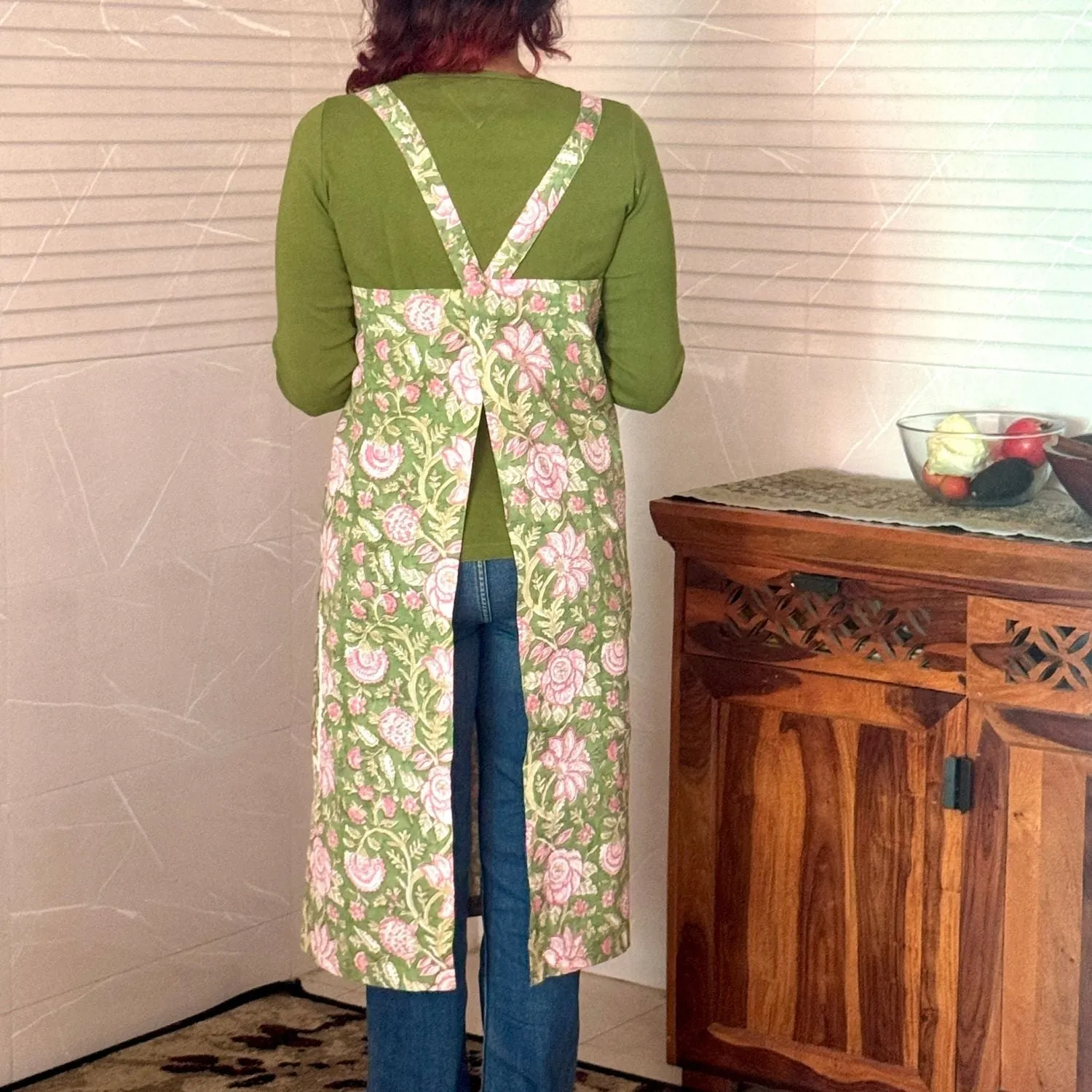 Olive Green & Pink Floral Block-Print Apron with Side Pockets | Cotton
