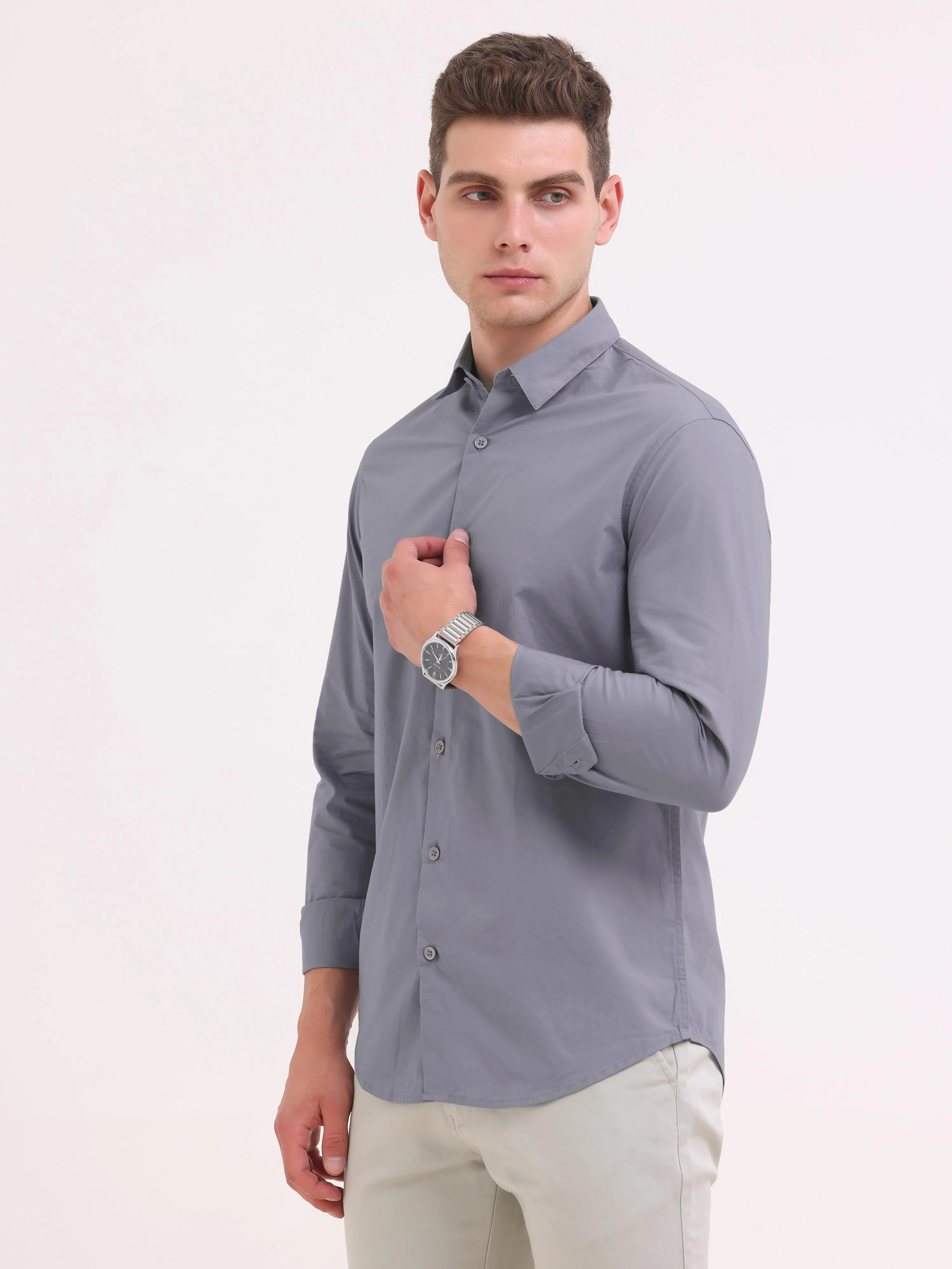 Orchida Plain Full Sleeve Poplin Shirt - Gray