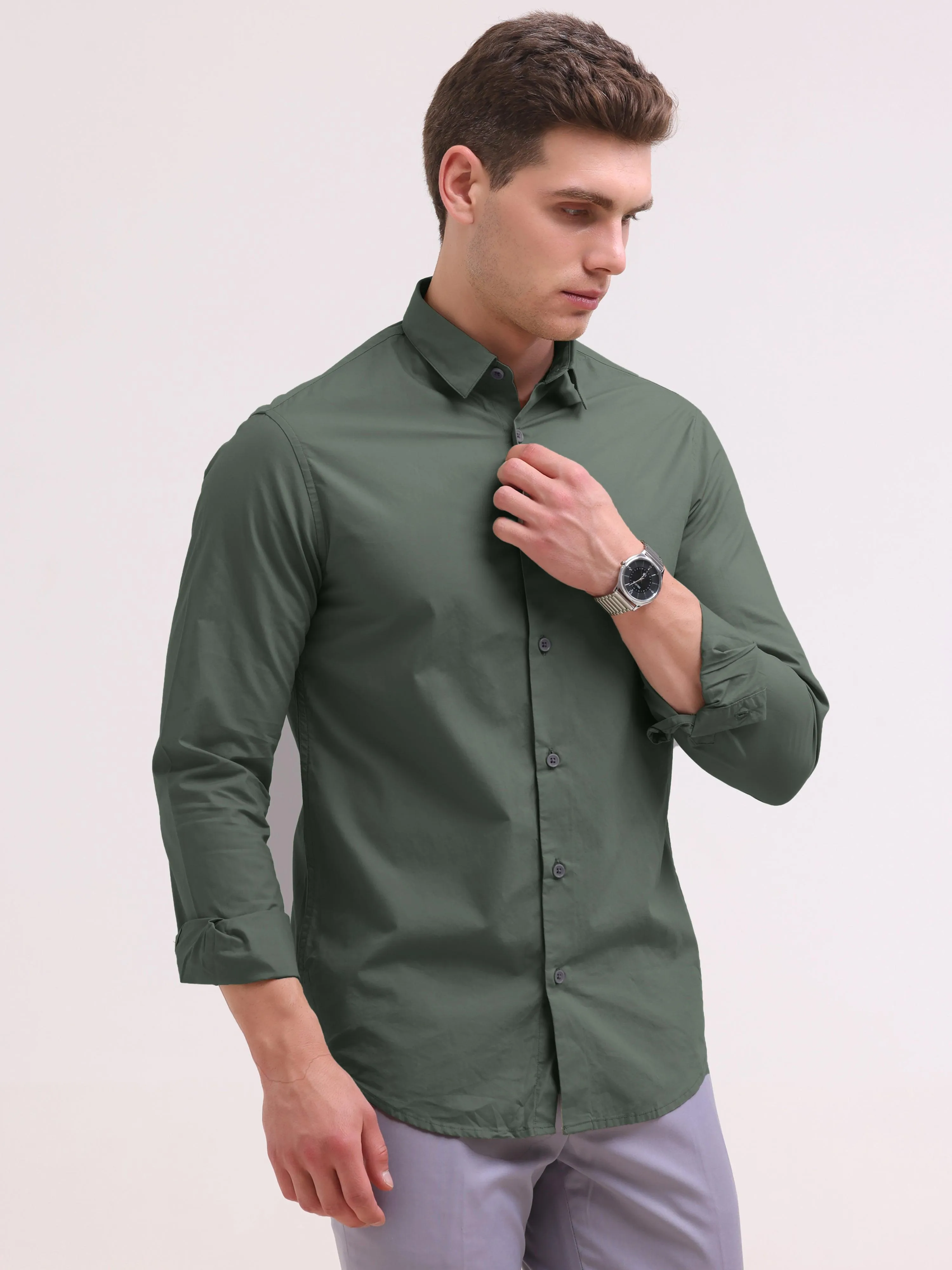 Orchida Plain Full Sleeve Poplin Shirt -  Green