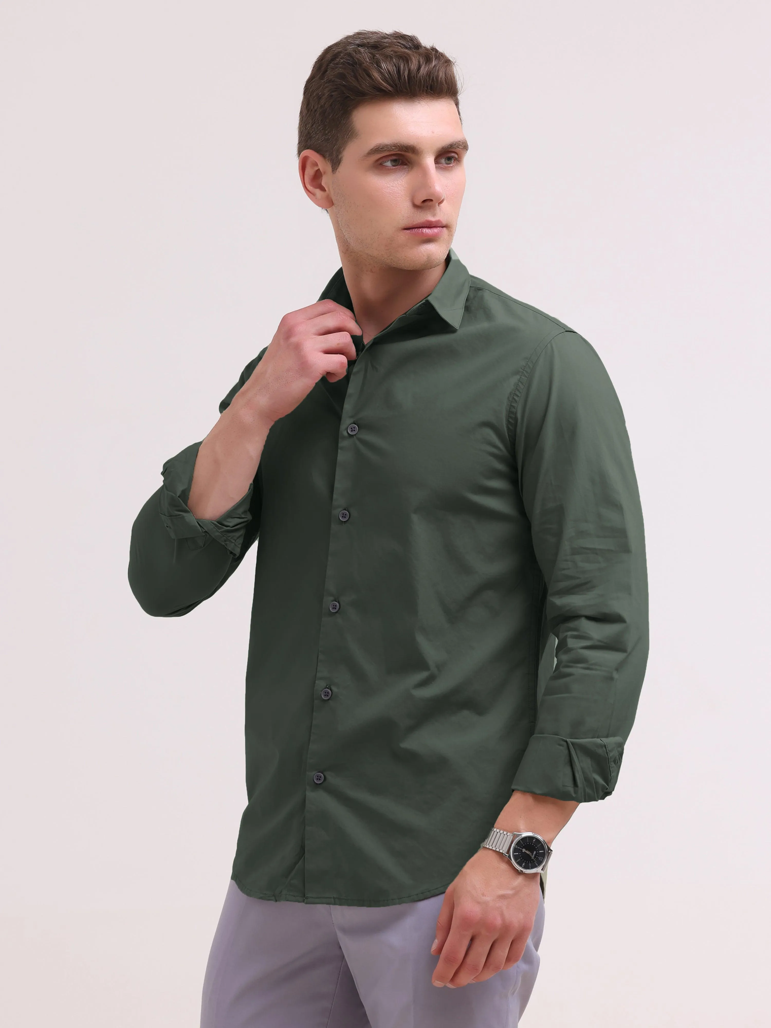 Orchida Plain Full Sleeve Poplin Shirt -  Green
