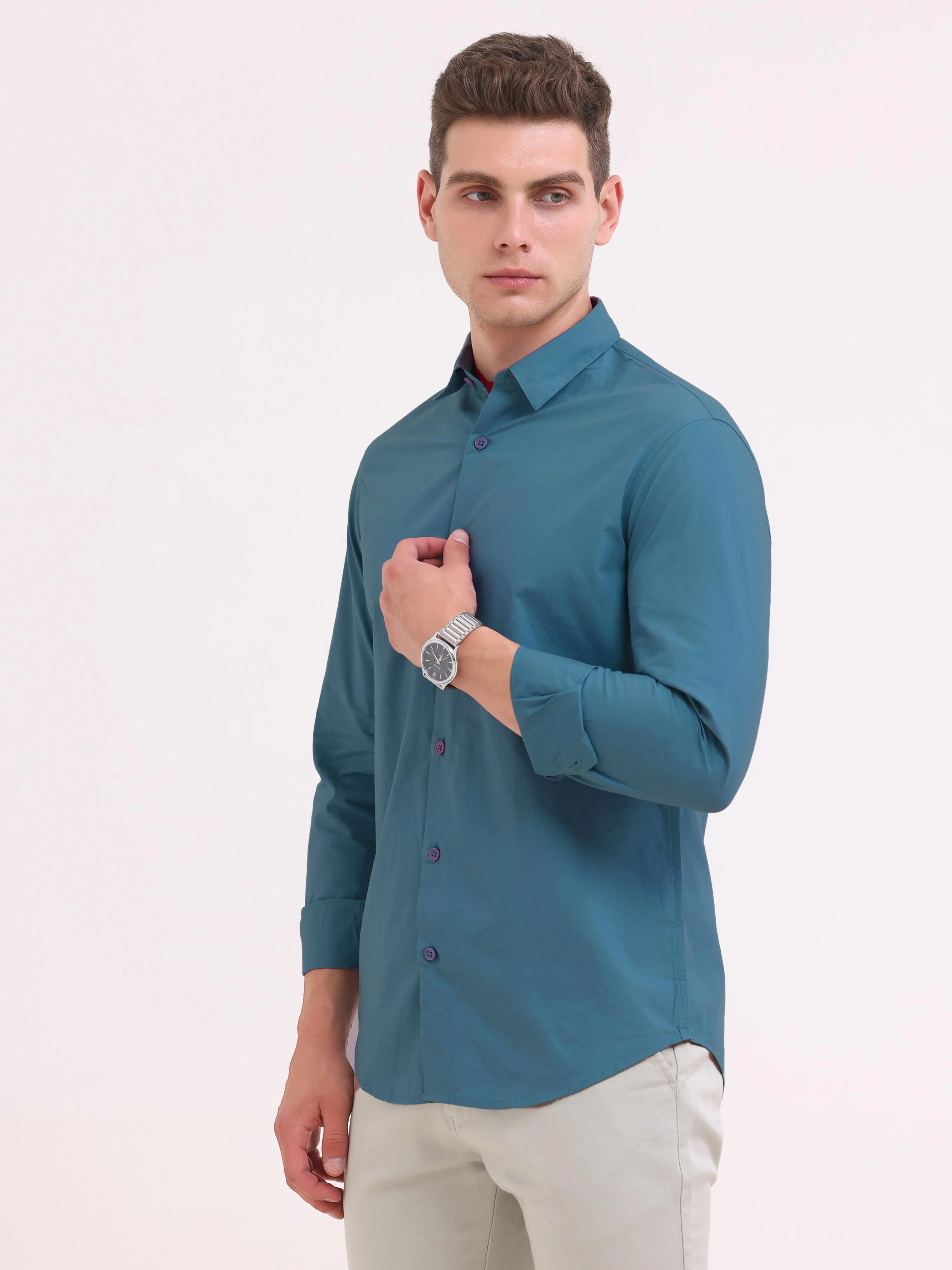Orchida Plain Full Sleeve Poplin Shirt Teal Blue