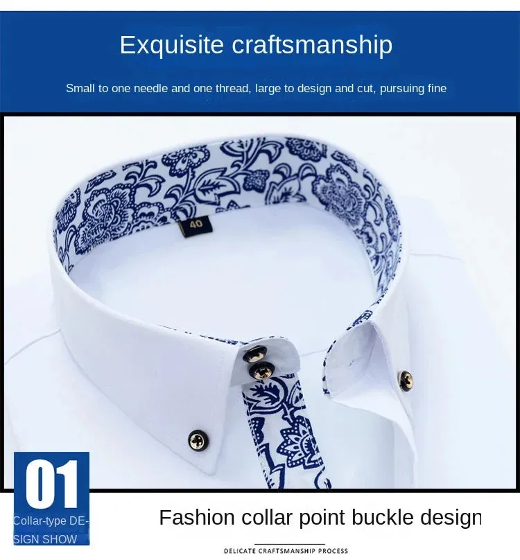 Porcelain Collar Shirt Men Long Sleeve Korean SlimFit Casual Business Dress Shirts Solid Color White Shirt Cotton