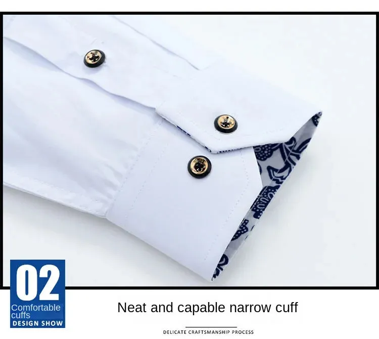 Porcelain Collar Shirt Men Long Sleeve Korean SlimFit Casual Business Dress Shirts Solid Color White Shirt Cotton