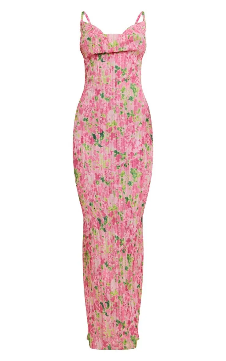 Pre Order:  Printed Pleated Slim Fit Suspender Dress