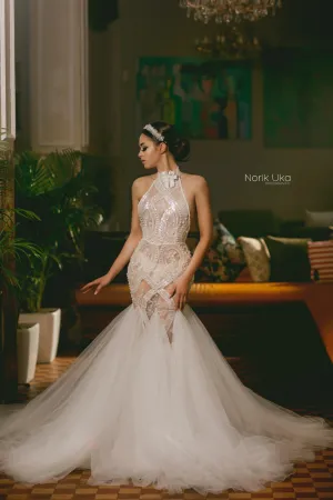 Princess White High Neck and Backless Evening Dress