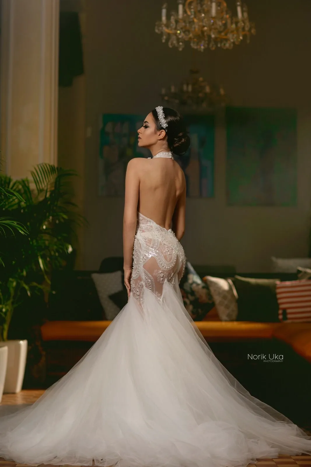 Princess White High Neck and Backless Evening Dress