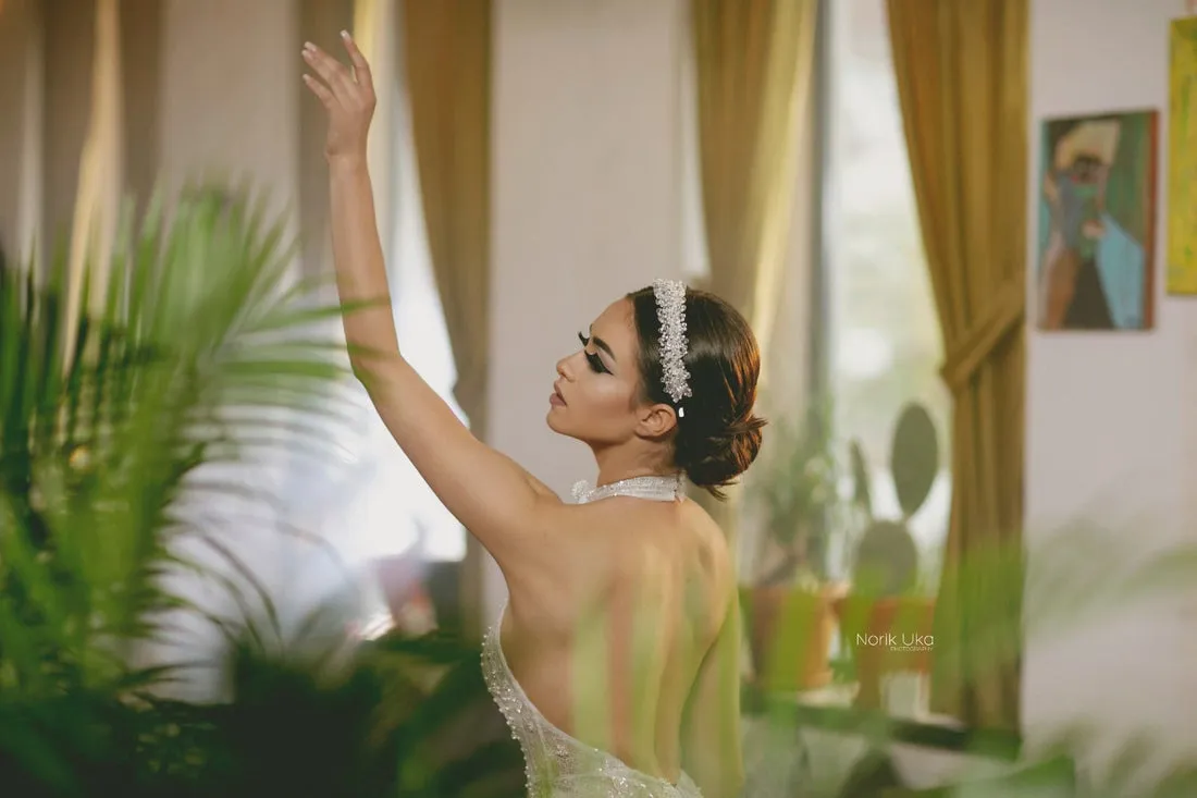 Princess White High Neck and Backless Evening Dress