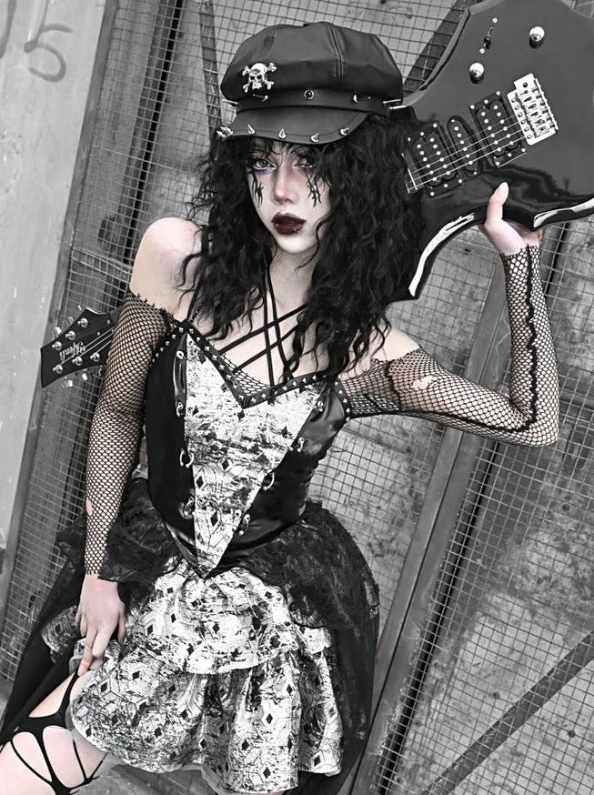 PU Suspender Punk Halter-neck Mesh Metallic Off-the-shoulder Tulle   Top Dress Sheer