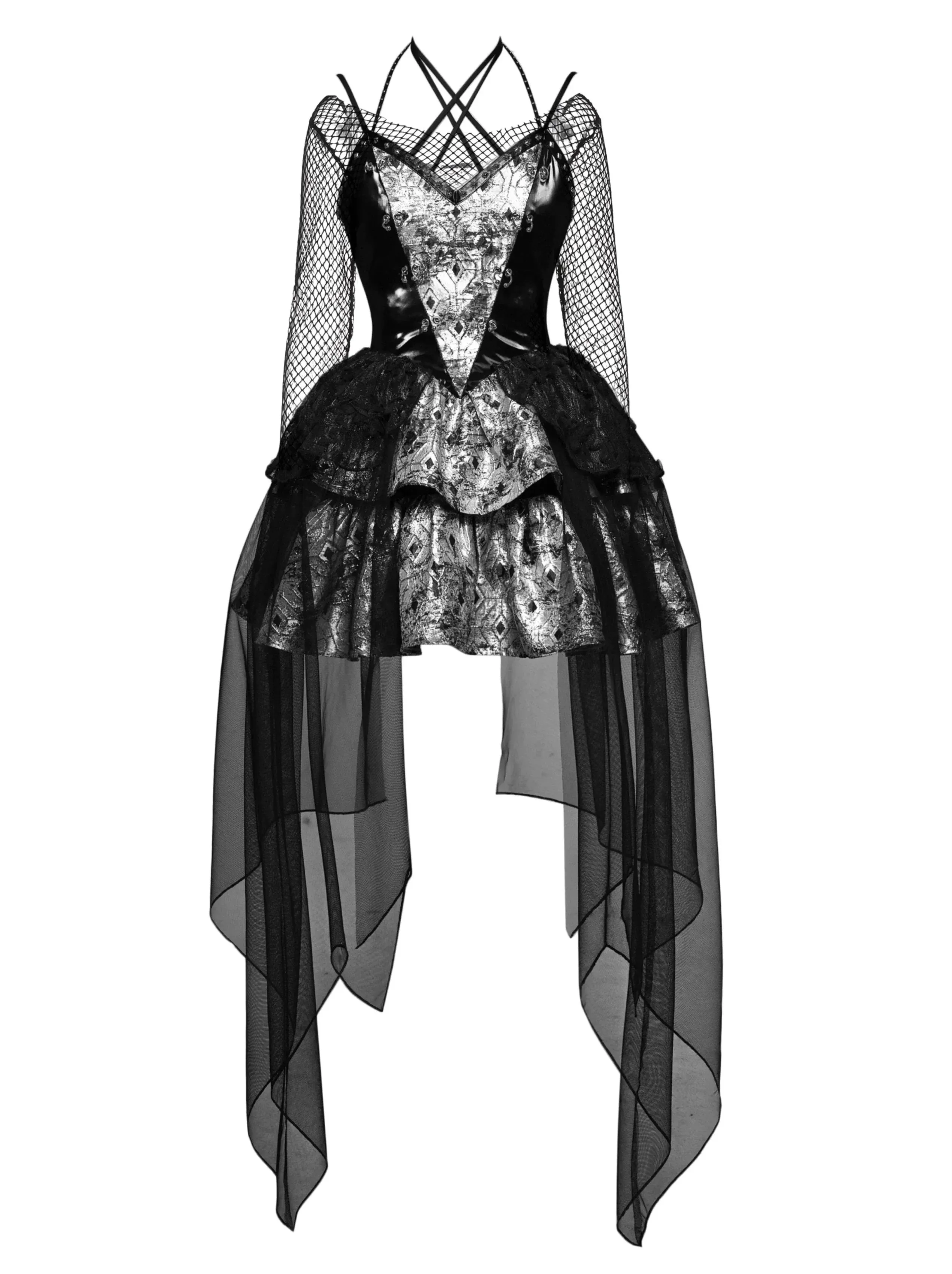 PU Suspender Punk Halter-neck Mesh Metallic Off-the-shoulder Tulle   Top Dress Sheer