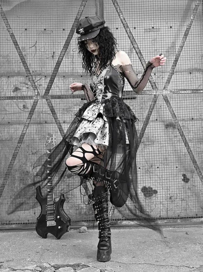 PU Suspender Punk Halter-neck Mesh Metallic Off-the-shoulder Tulle   Top Dress Sheer