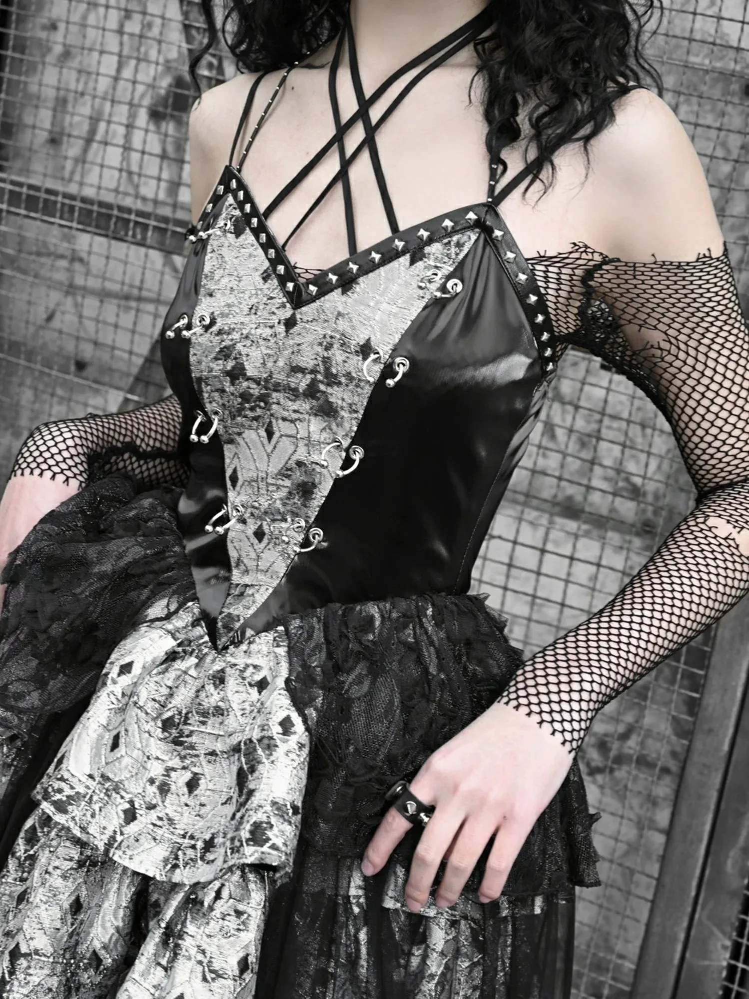 PU Suspender Punk Halter-neck Mesh Metallic Off-the-shoulder Tulle   Top Dress Sheer
