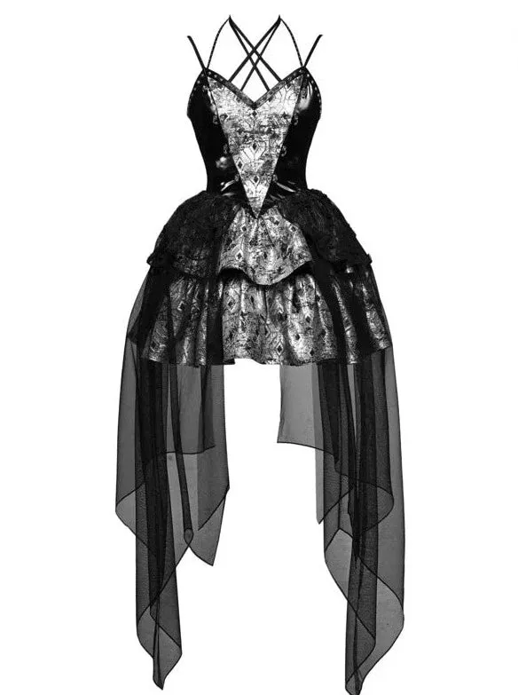 PU Suspender Punk Halter-neck Mesh Metallic Off-the-shoulder Tulle   Top Dress Sheer