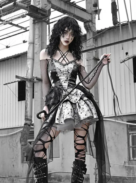 PU Suspender Punk Halter-neck Mesh Metallic Off-the-shoulder Tulle   Top Dress Sheer