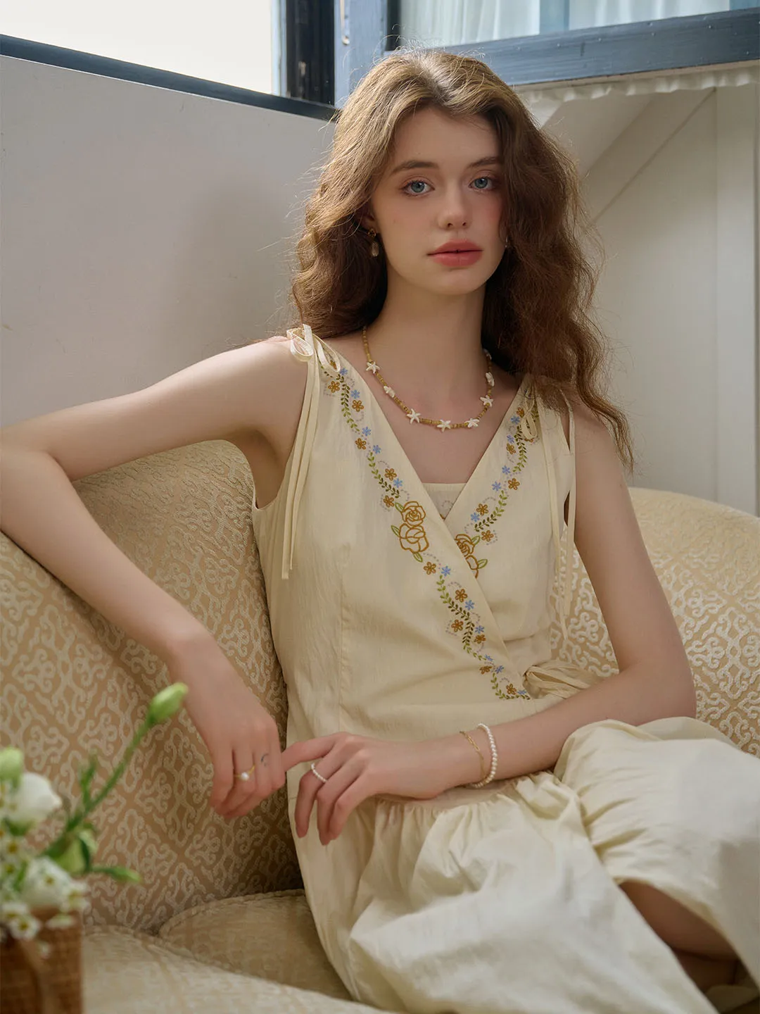 Raelyn V-neck Floral Embroidered Sleeveless Tea Dress