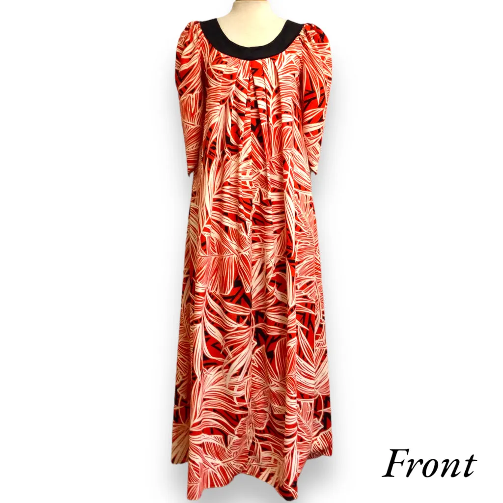 Red Palm Leaf  Black Velvet Collar Muumuu Dress 2081