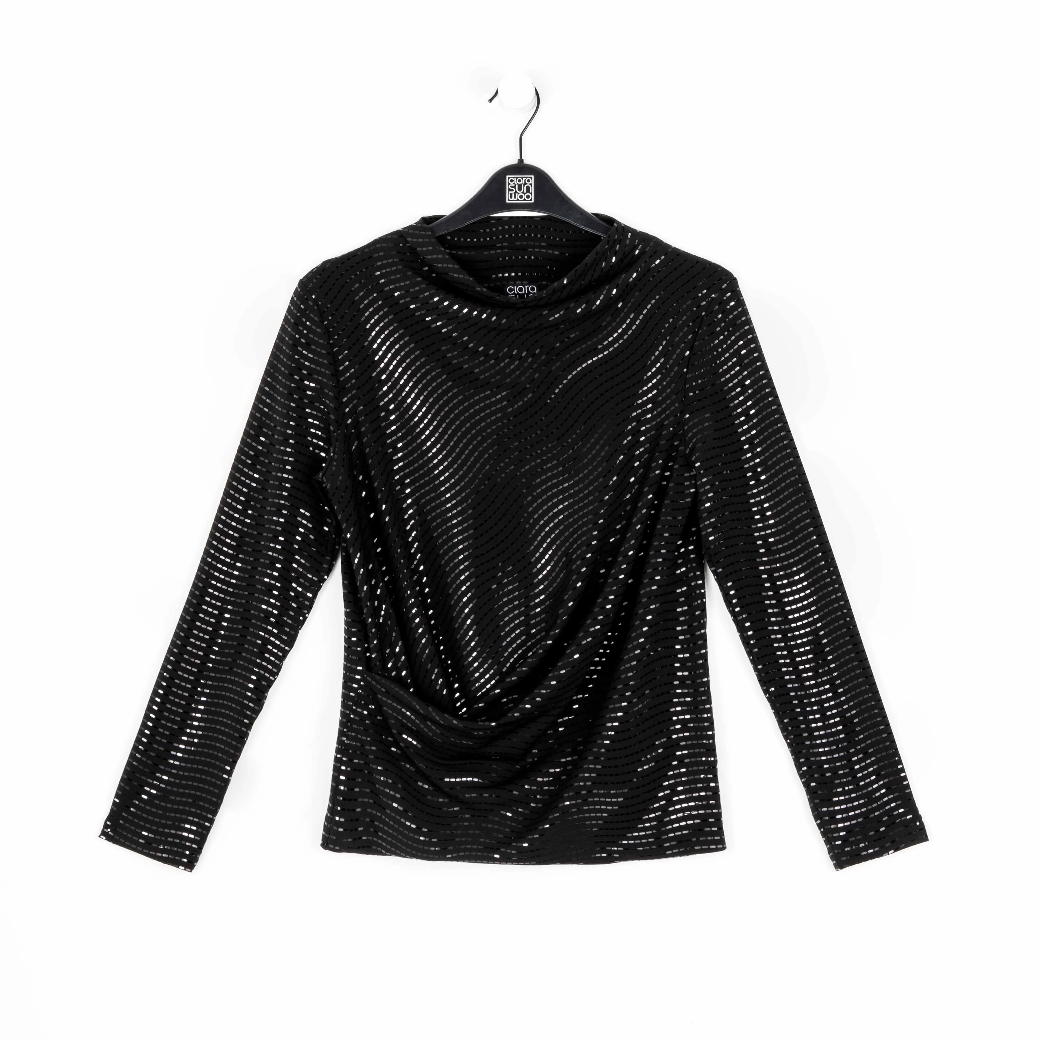 Shimmer Embellished - High Boat Neck Side Draped Top - Black - Final Sale!