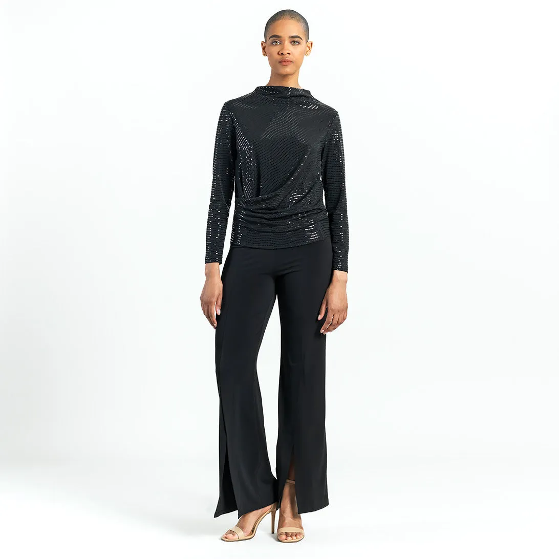 Shimmer Embellished - High Boat Neck Side Draped Top - Black - Final Sale!