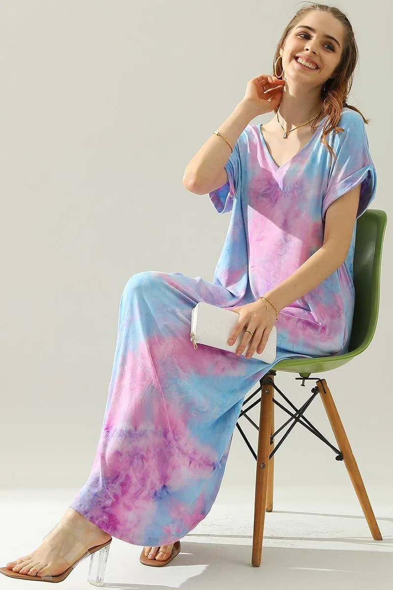 SHORT SLEEVE V-NECK MAXI DRESS WITH SIDE SLIT