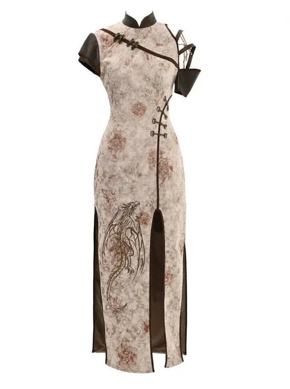 Slit Strapless Embroidery Punk China Retro Dress Dragon