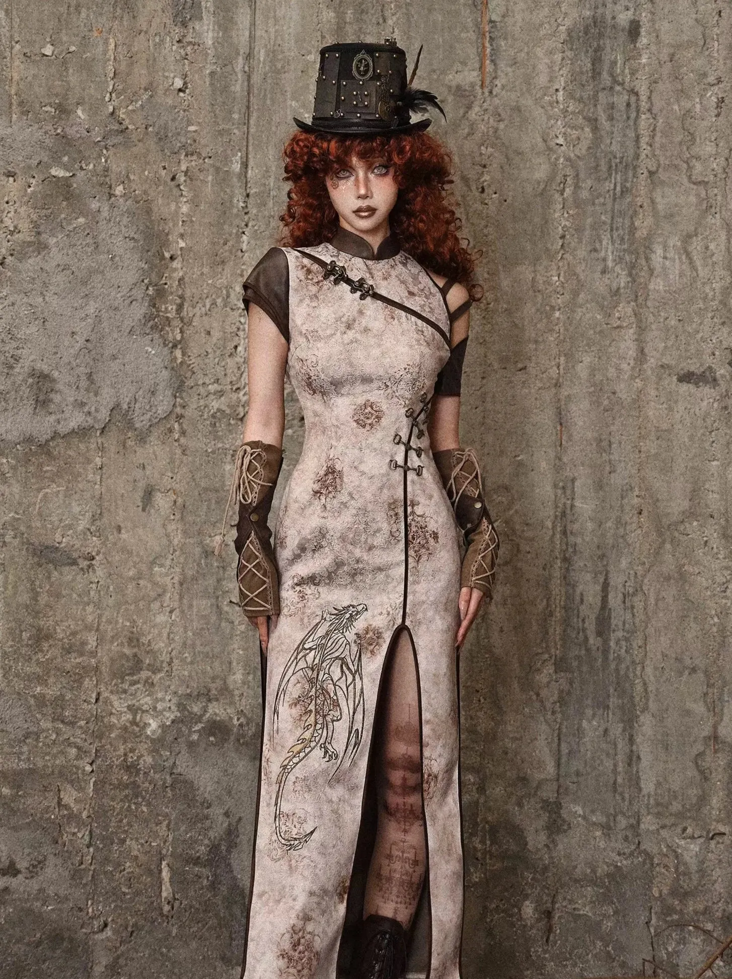 Slit Strapless Embroidery Punk China Retro Dress Dragon