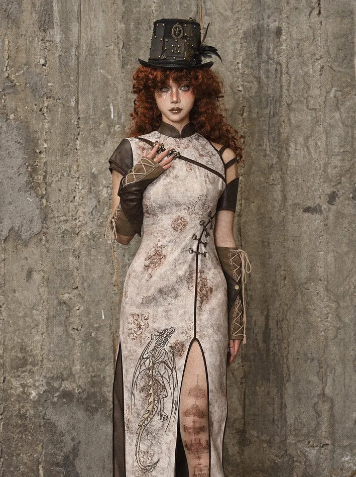 Slit Strapless Embroidery Punk China Retro Dress Dragon
