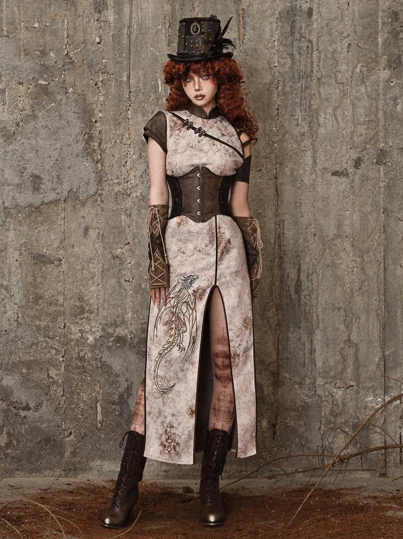 Slit Strapless Embroidery Punk China Retro Dress Dragon