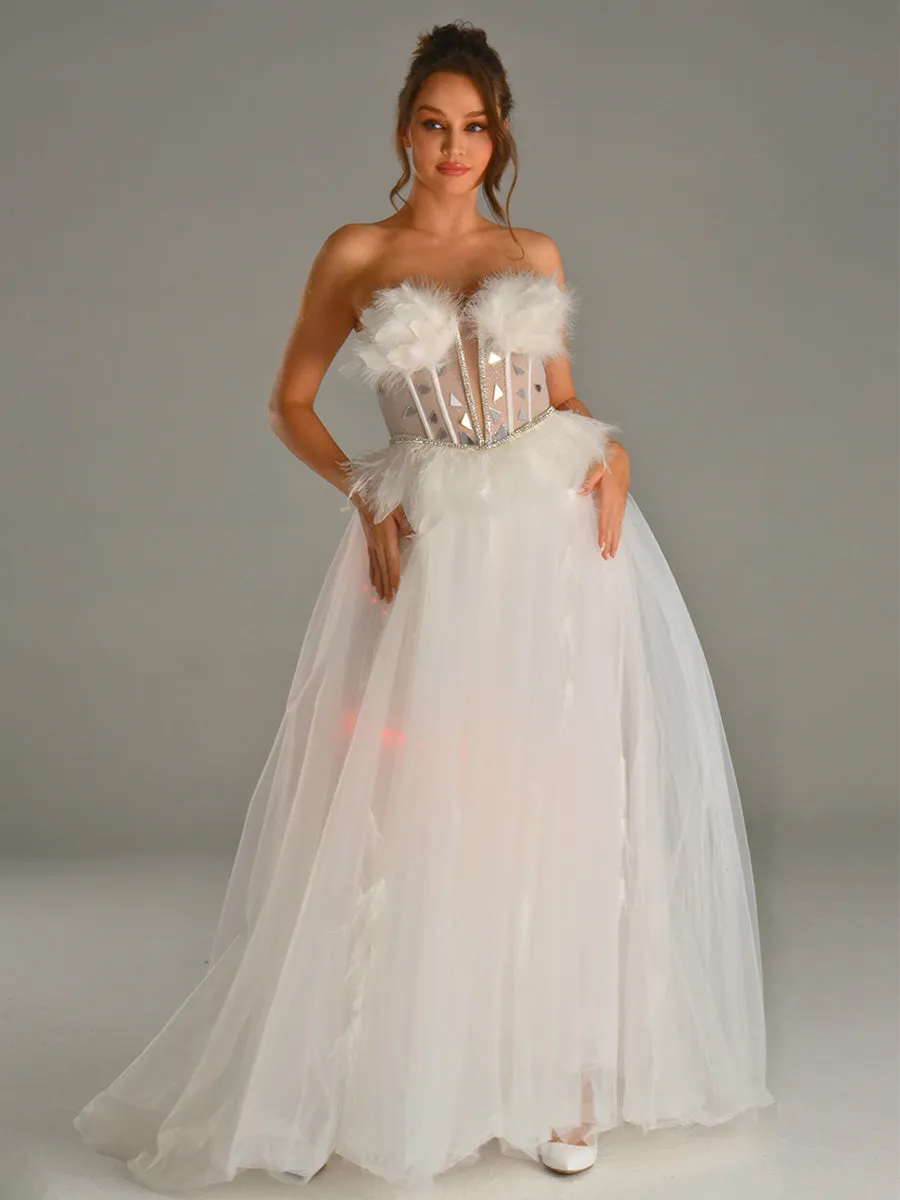 Strapless Tulle Wedding Dress With Feathered And Mirror Trim