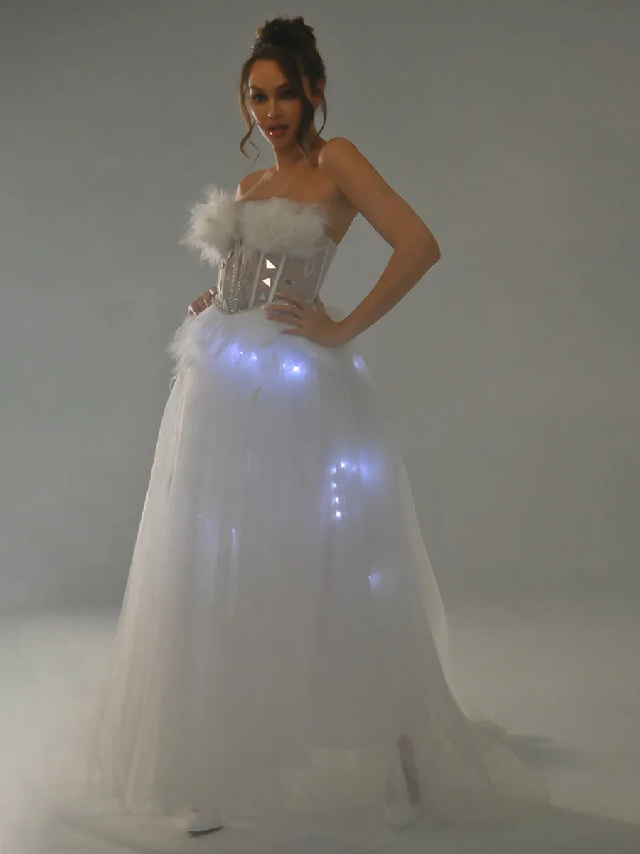 Strapless Tulle Wedding Dress With Feathered And Mirror Trim