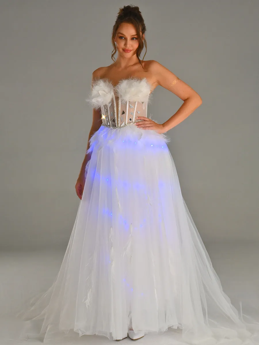Strapless Tulle Wedding Dress With Feathered And Mirror Trim