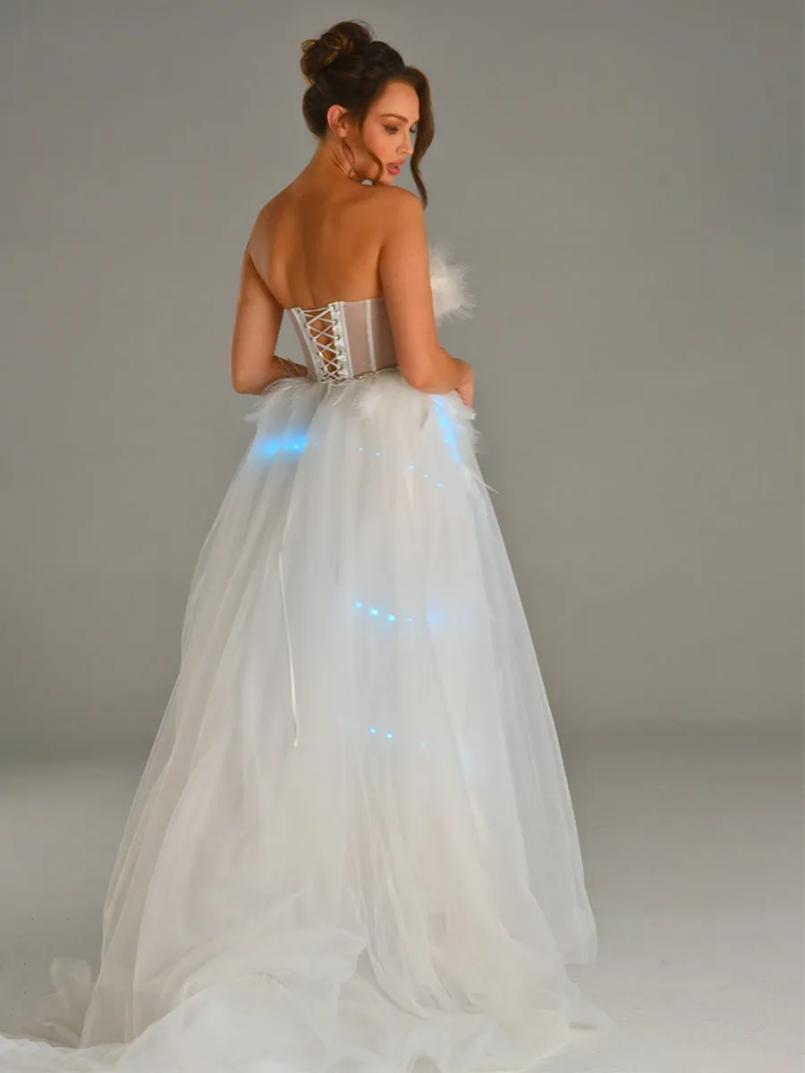 Strapless Tulle Wedding Dress With Feathered And Mirror Trim