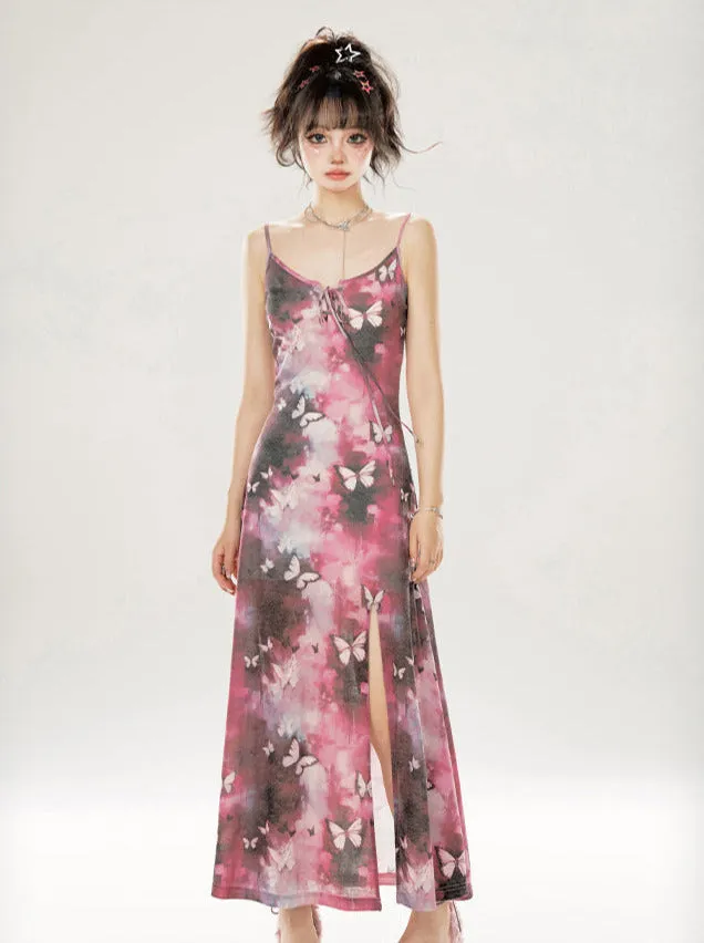Suspender Dress Butterfly Slit Pink-gray