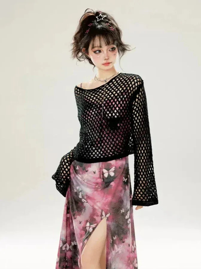 Suspender Dress Butterfly Slit Pink-gray