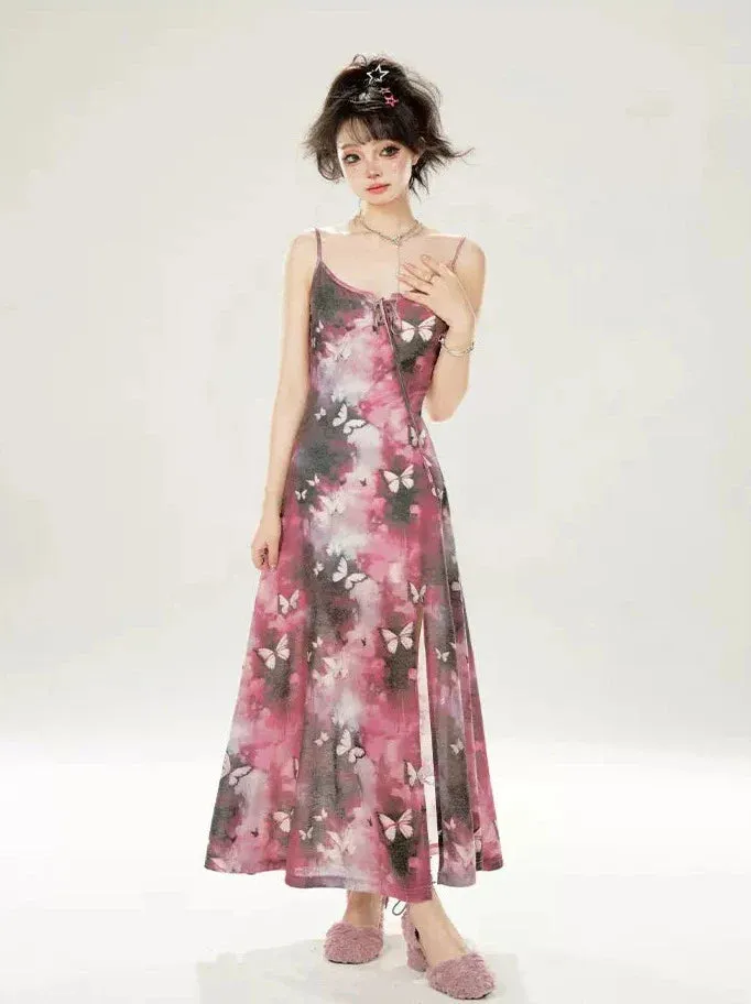 Suspender Dress Butterfly Slit Pink-gray
