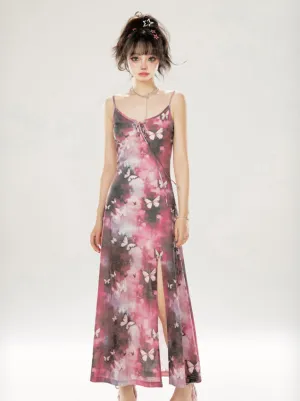Suspender Dress Butterfly Slit Pink-gray
