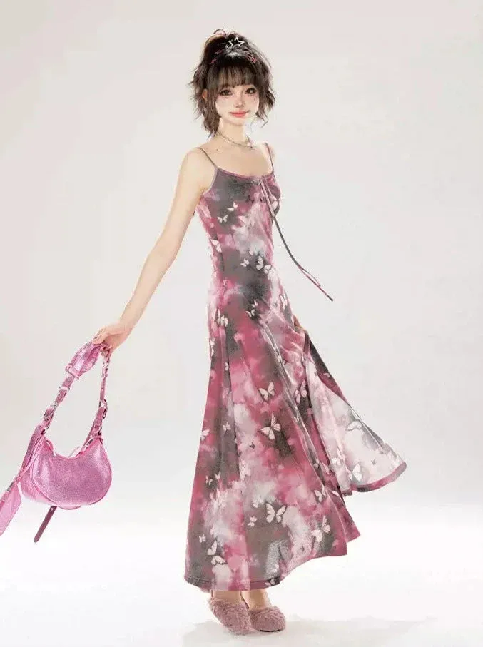 Suspender Dress Butterfly Slit Pink-gray