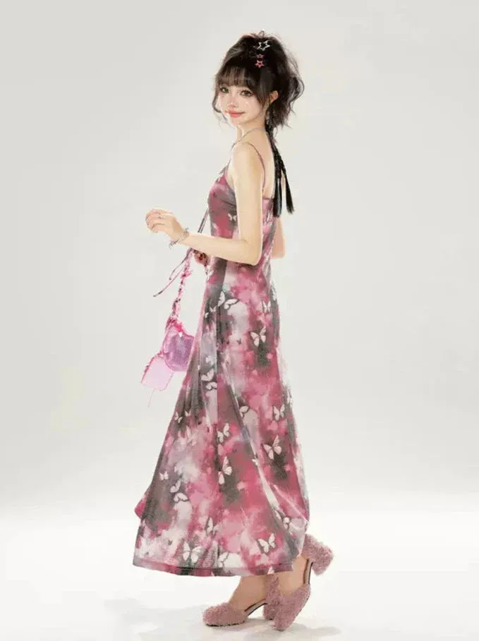 Suspender Dress Butterfly Slit Pink-gray