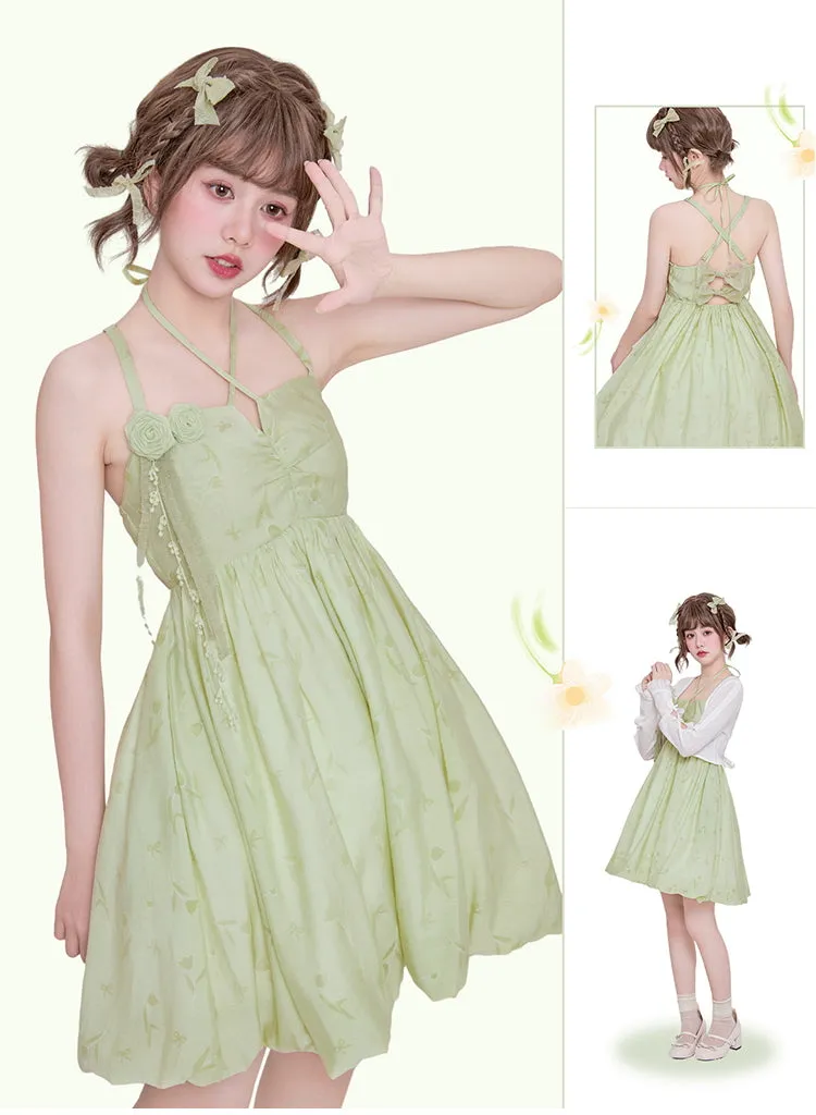 Sweet Style Green Bow Knot Backless Sling Dress