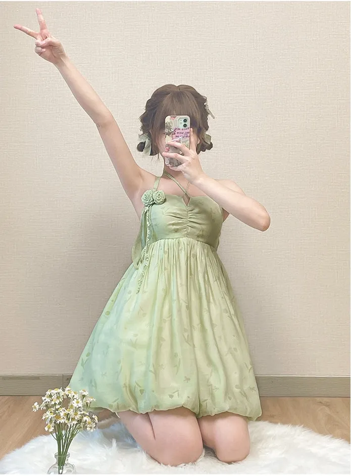 Sweet Style Green Bow Knot Backless Sling Dress
