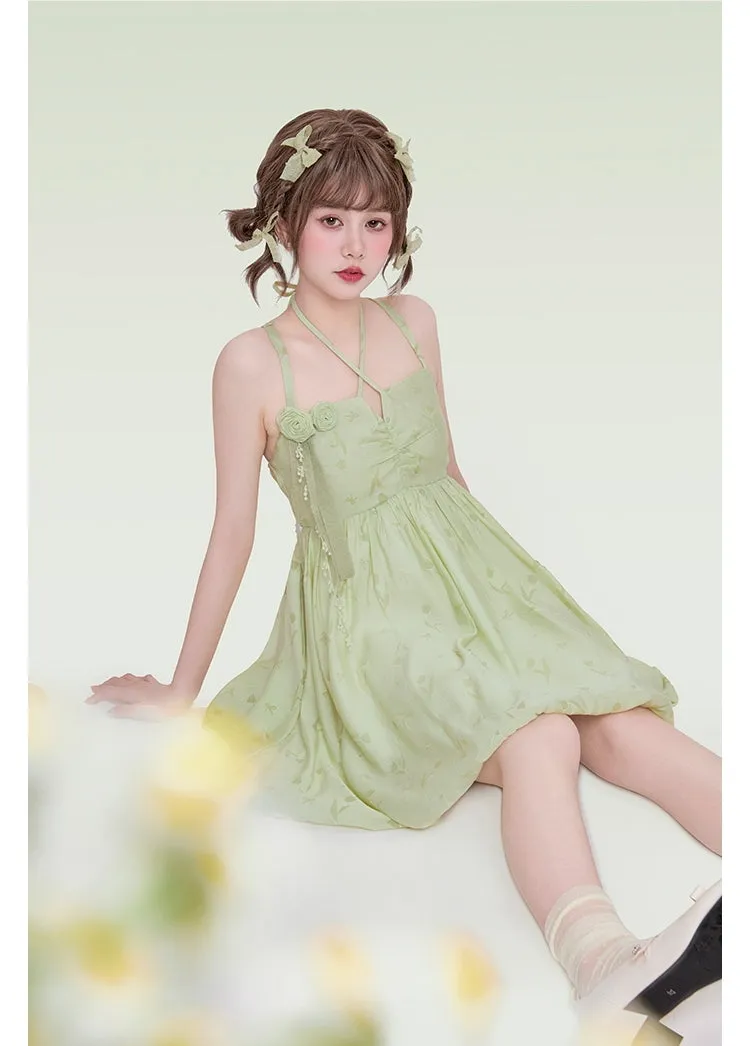 Sweet Style Green Bow Knot Backless Sling Dress