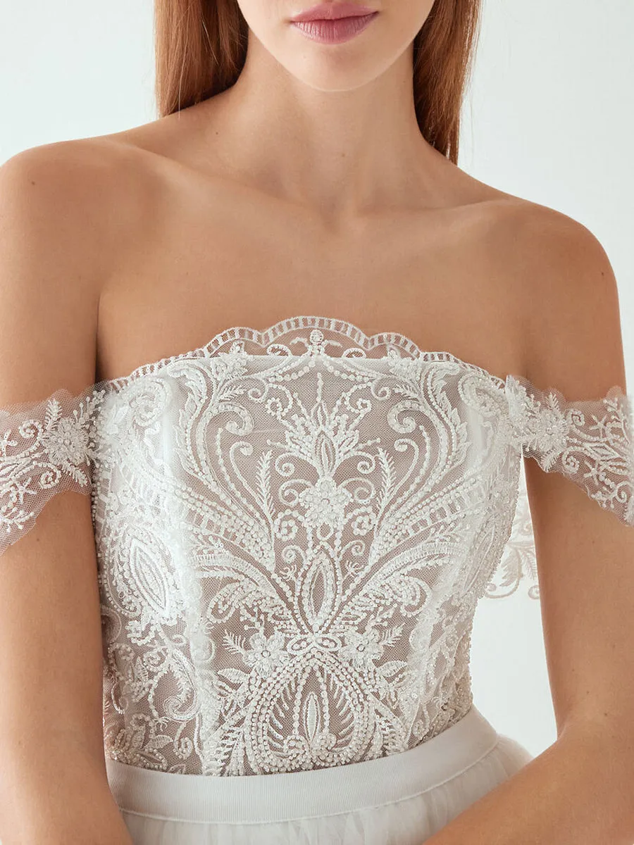 Tea Length Wedding Dress Strapless Lace Tulle A-line