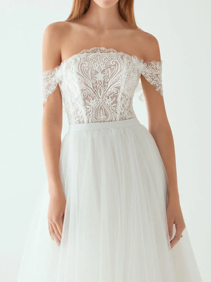 Tea Length Wedding Dress Strapless Lace Tulle A-line