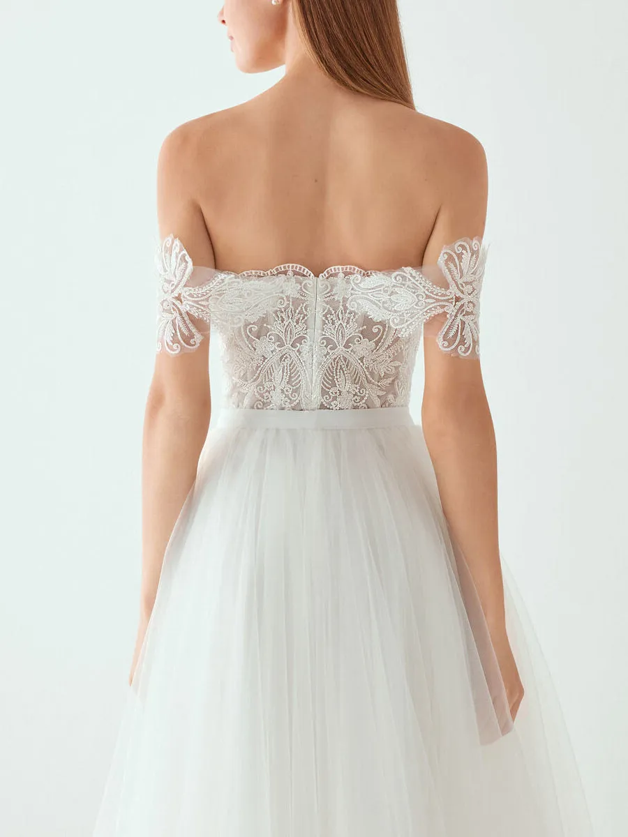 Tea Length Wedding Dress Strapless Lace Tulle A-line