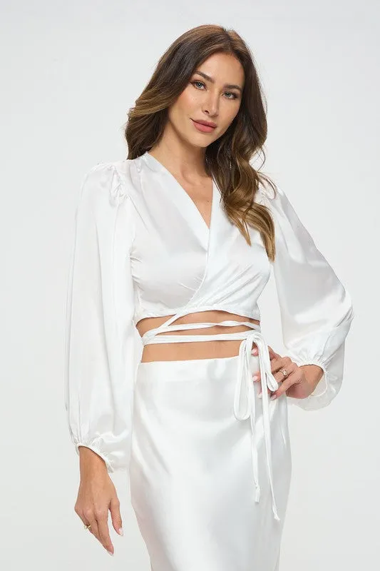 TEEK - White Silky Satin Wrap Crop Top with Tie