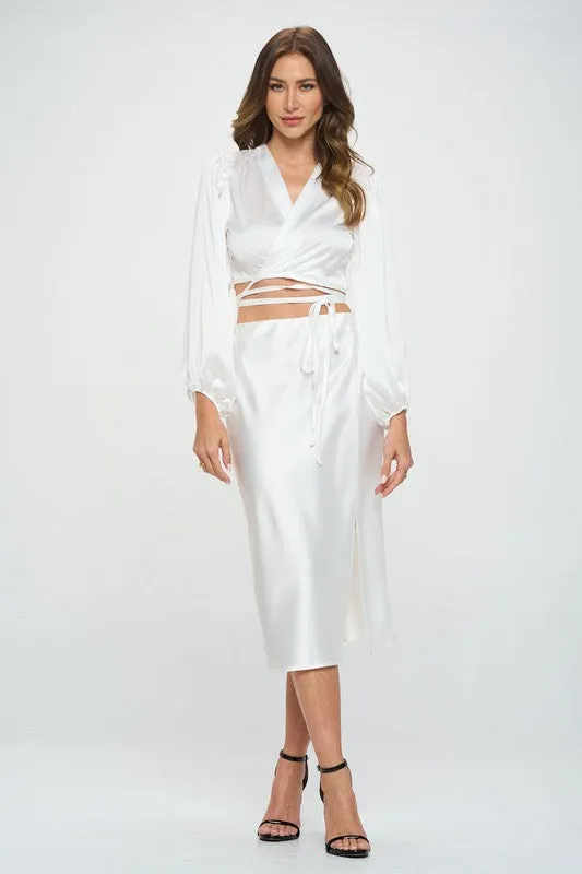 TEEK - White Silky Satin Wrap Crop Top with Tie