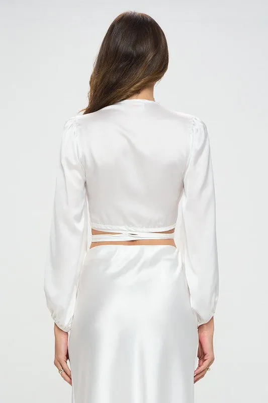 TEEK - White Silky Satin Wrap Crop Top with Tie
