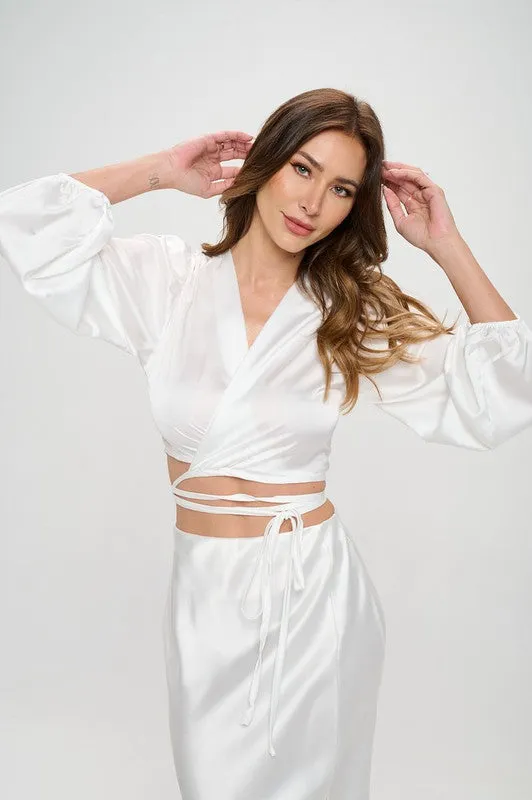 TEEK - White Silky Satin Wrap Crop Top with Tie