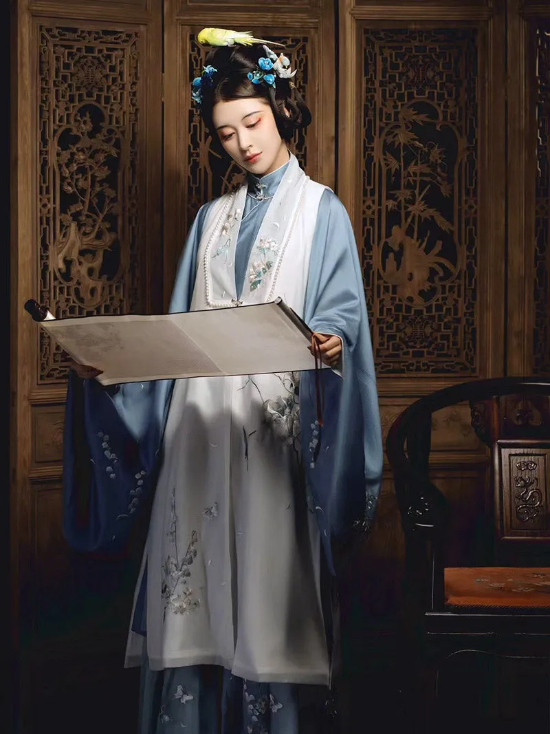 The Scent of Flowers on a Rainy Night Misty Blue Embroidery Hanfu Clothing