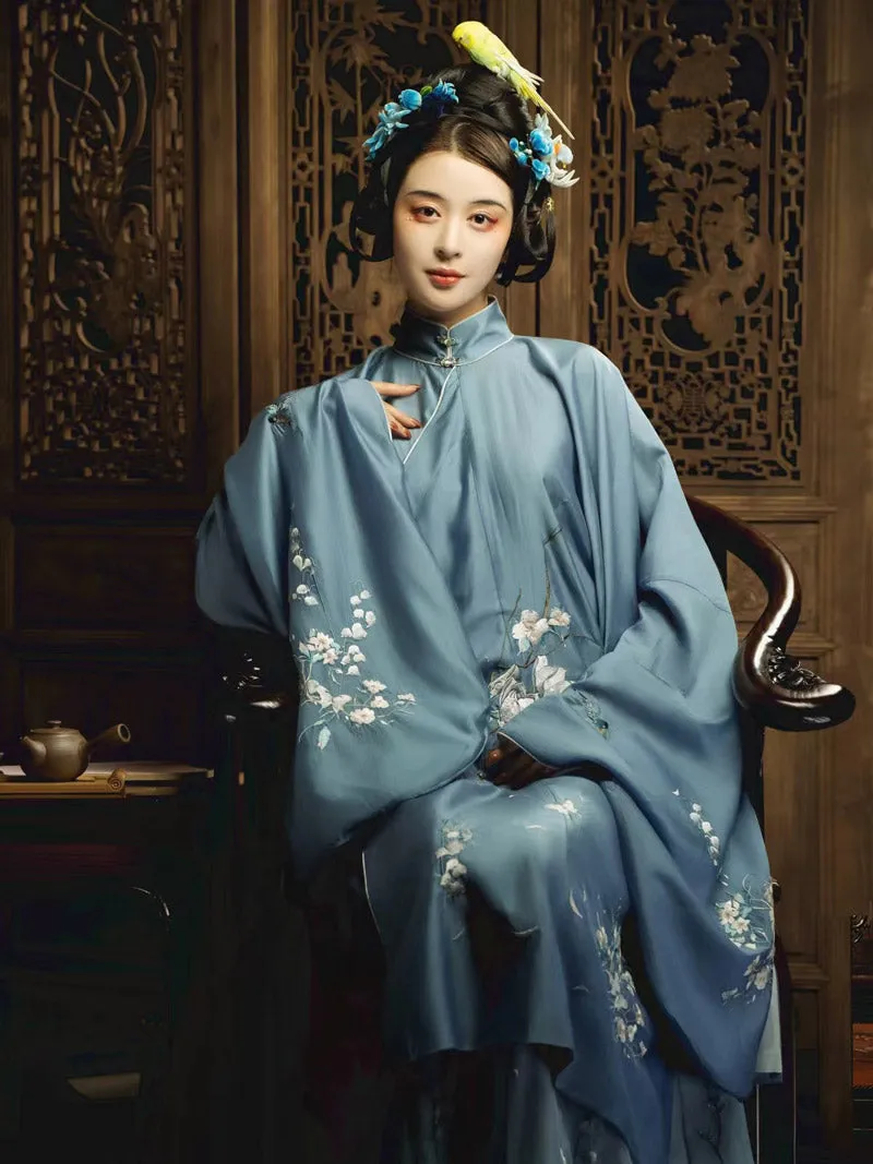 The Scent of Flowers on a Rainy Night Misty Blue Embroidery Hanfu Clothing