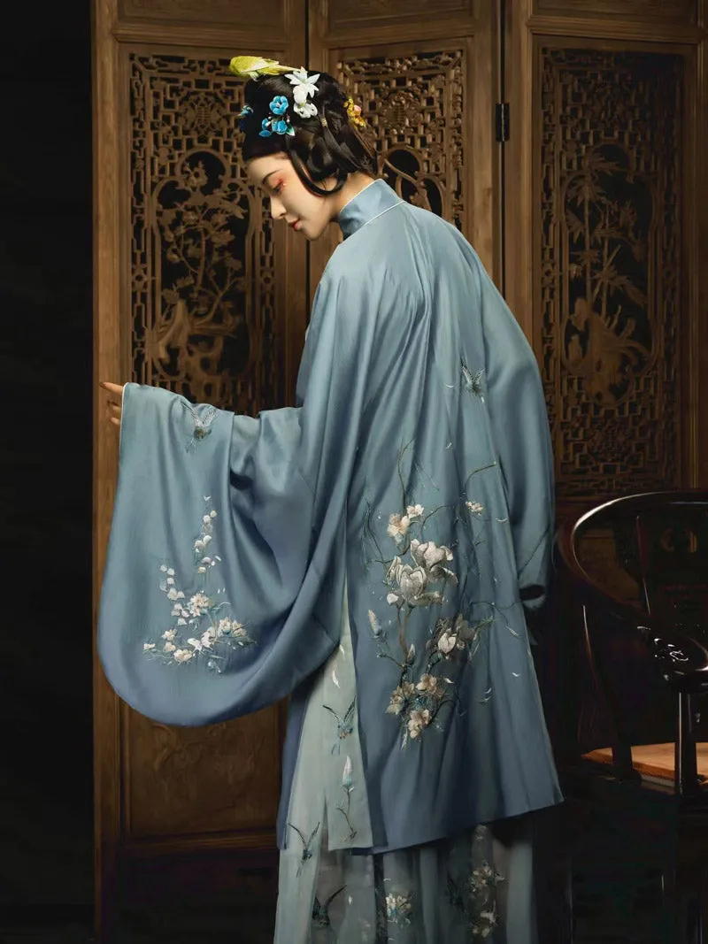 The Scent of Flowers on a Rainy Night Misty Blue Embroidery Hanfu Clothing