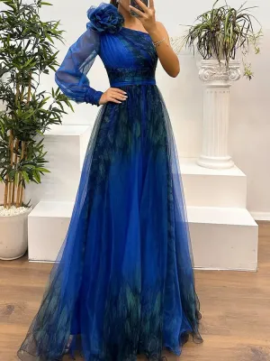 UAKISS  -  Spring Autumn Gauze Patchwork Simple Party Dress, Women Printed Holiday Long Sleeve Maxi Dress, Skew Collar Fashion Ladies Dress